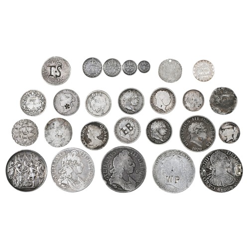 134 - Engraved & Countermarked coins, including William III Crowns(2); George III crown; other silver ... 