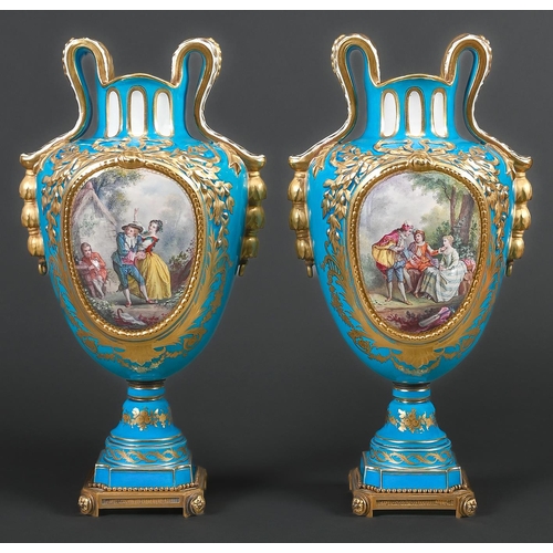 1 - A pair of Sevres style vases, French, late 19th c, painted with scenes of 18th c courtship and, to t... 