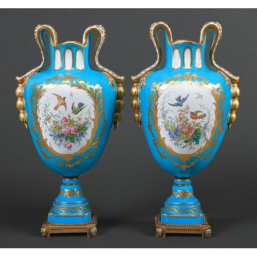 1 - A pair of Sevres style vases, French, late 19th c, painted with scenes of 18th c courtship and, to t... 