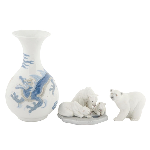 11 - Two Lladro models of polar bears and a Lladro Chinese style dragon vase, vase 26cm h, printed mark... 