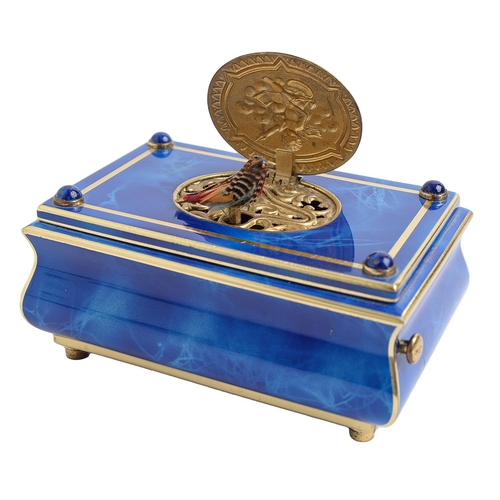 148 - A Continental giltmetal and blue enamel bombe singing bird box, late 20th c, with clockwork movement... 