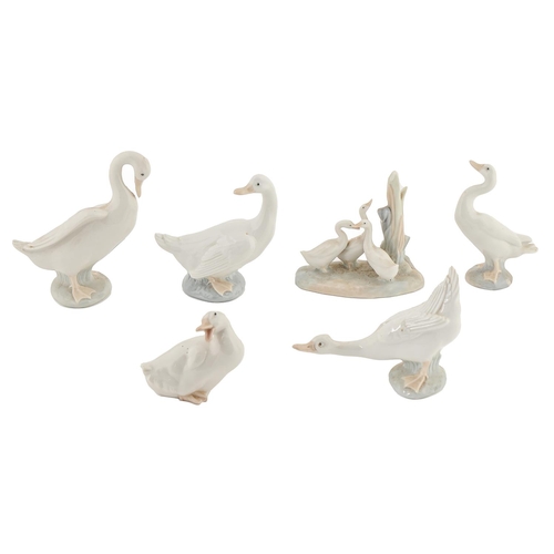 15 - Six Lladro and Nao porcelain models of geese and other birds, 14cm h and smaller, printed marks... 