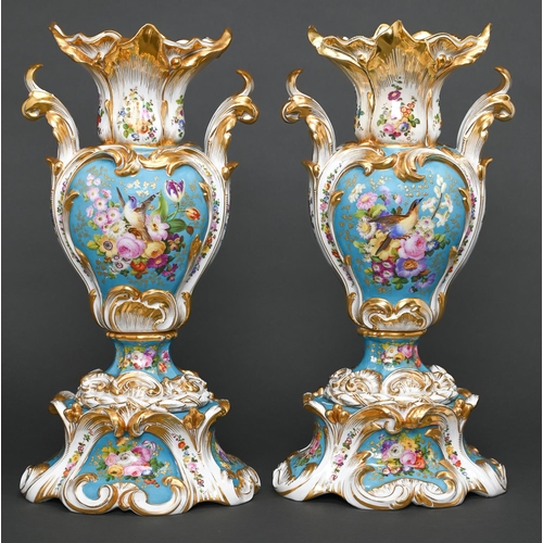 2 - A pair of French revived rococo vases, c1850, painted with birds and flowers reserved on a bleu cele... 