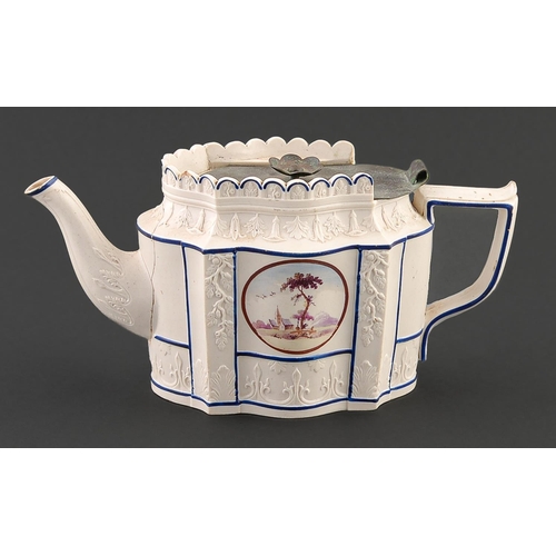 30 - An English feldspathic stoneware teapot, c1810, enamelled to either side with a circular framed land... 