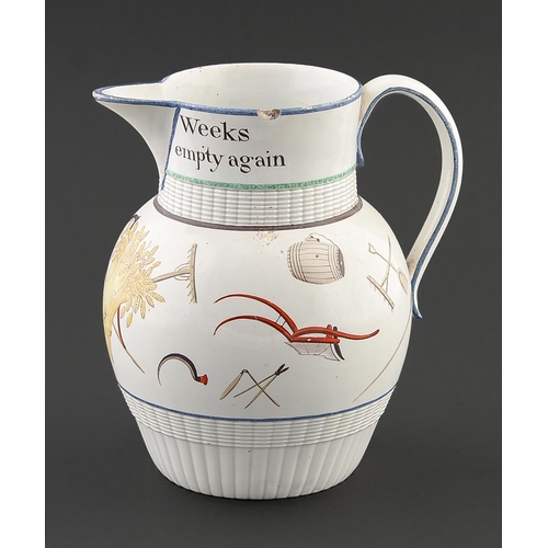 32 - A pearlware ale jug, c1810, inscribed around the cylindrical neck Thos Weeks The Jug is Empty Again ... 