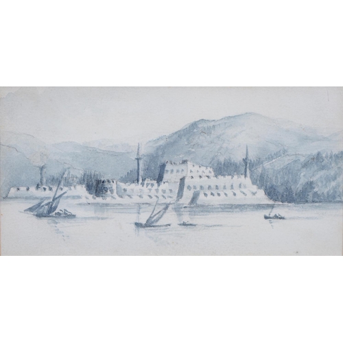 455 - Edward Markham (Fl. mid 19th c) - Fortress with River Boats, leaf from an album of the artist's view... 