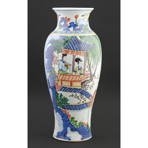 49 - A Chinese wucai vase, 19th c, painted with horsemen and attendants observed by two women, the neck w... 