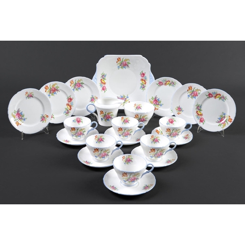 52 - A Shelley bone china floral tea service, 20th c, two handled plate 24.5cm, printed mark (21)... 