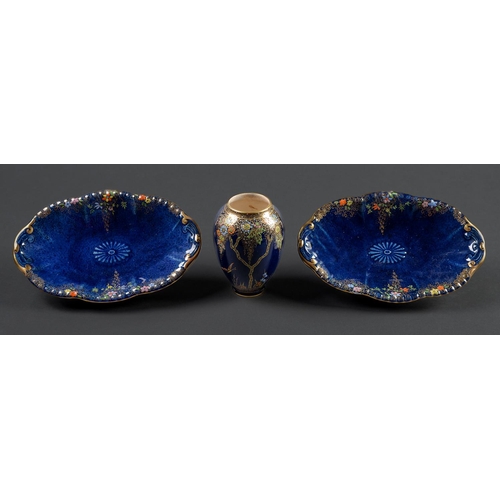 54 - A Fieldings Crown Devon powder blue ground vase and pair of dishes, c1930, dish 25.5cm l, printed ma... 