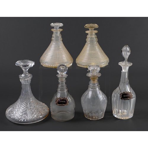 62 - A pair of cut glass ship’s decanters and stoppers, first half 20th c, 22cm h and four other cu... 