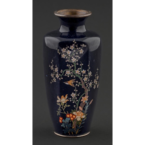 67 - A Japanese cloisonne enamel vase, Meiji period, of hexagonal form, decorated with a bird and blossom... 