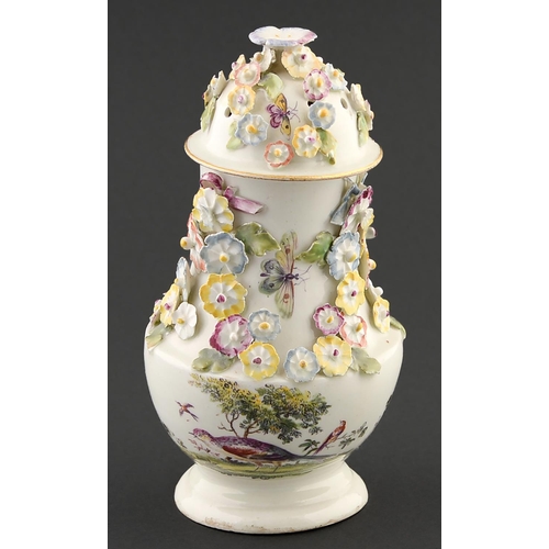 68 - A Derby pear shaped vase and cover, c1760-5, applied with floral festoons and painted with birds and... 