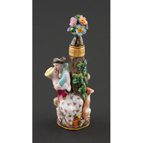 74 - A Meissen scent bottle and stopper,  late 19th c, in the form of an amorous sportsman and shepherdes... 