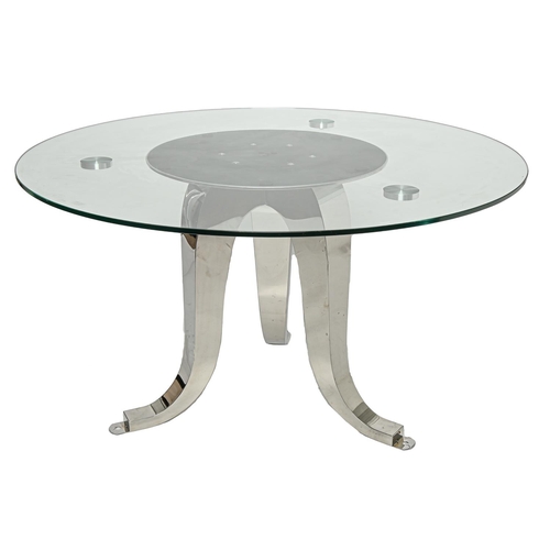 764 - A contemporary polished metal centre table,  the round plate glass top on three upscrolled tapering ... 