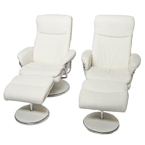 766 - A pair of plated tubular metal and white fabric swivel easy armchairs and ottomans