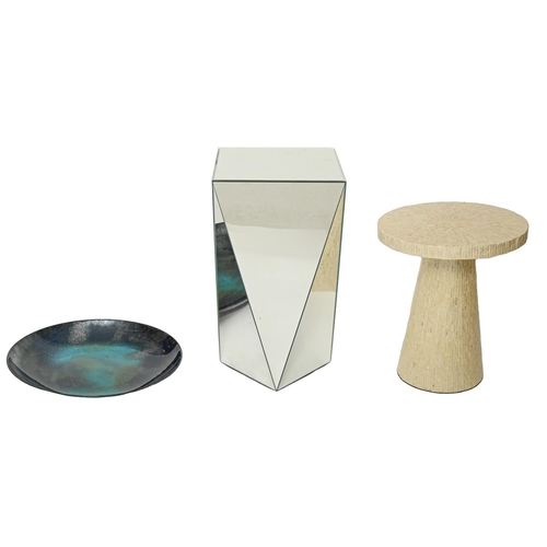 777 - An iridescent cream faux tiled mushroom table, 47cm h, a mirror glass stand and an iridescent glass ... 