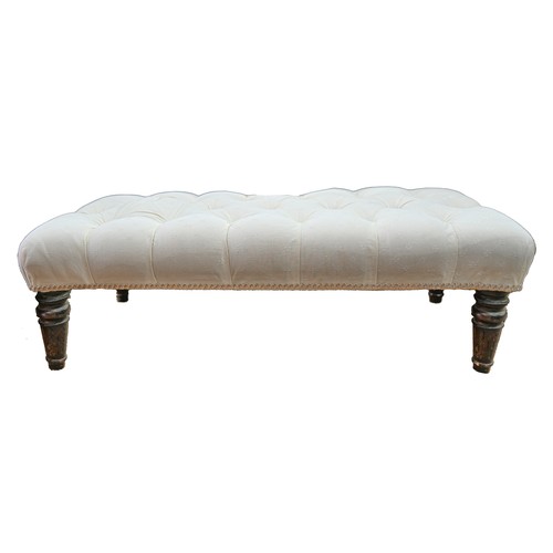 782 - A mahogany stool on turned legs, upholstered in white buttoned fabric, 30cm h; 97 x 45cm and a brass... 