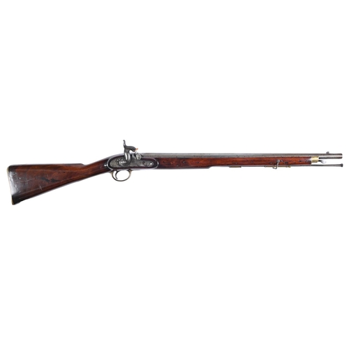 1029 - A 16 bore patent 1847 percussion carbine, with 68cm sighted steel barrel, brass mounted walnut ... 