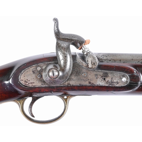 1029 - A 16 bore patent 1847 percussion carbine, with 68cm sighted steel barrel, brass mounted walnut ... 