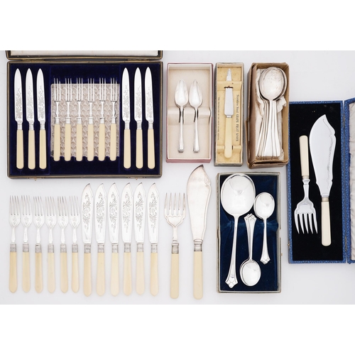 594 - A set of six bone hafted EPNS dessert knives and forks, cased and miscellaneous plated flatware... 