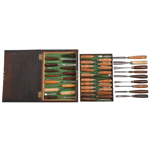 1037 - Forty-two various carving gouges with beech or other handle, in a Victorian marble wood box with vac... 