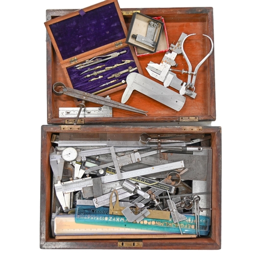 1039 - Miscellaneous precision callipers, rules, draughtsman's instruments and other items, in a Victorian ... 