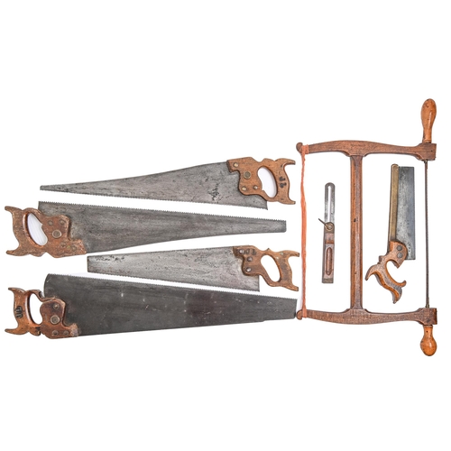 1042 - Miscellaneous tenon and panel saws and a wooden bow saw, 19th c and later