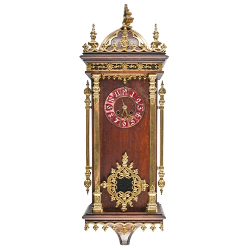 1063 - A French mahogany wall clock, c1900, with lacquered brass mounts and copper chapter ring with shield... 