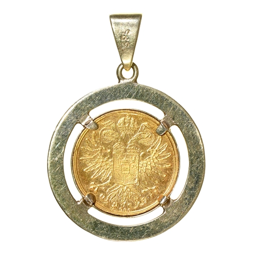 111 - Gold coin. Austria, Maria Teresa Ducat re-strike, mounted in a gold pendant marked 585, 3.8g... 