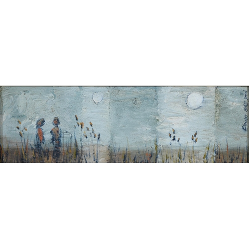 1119 - Pucci, 20th c - Figures in a Landscape, signed, titled in Greek, dated 1966, oil on board, 27 x 45cm... 