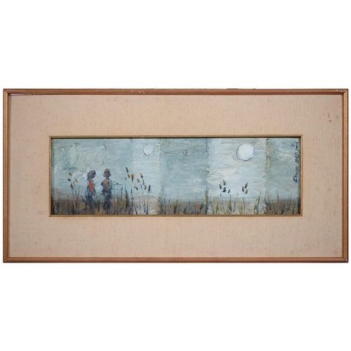 1119 - Pucci, 20th c - Figures in a Landscape, signed, titled in Greek, dated 1966, oil on board, 27 x 45cm... 