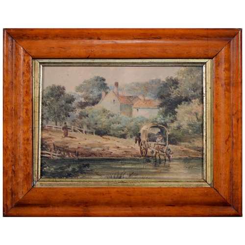 1177 - English School, early 19th c - A Wagon Fording a Stream, watercolour, 14 x 20cm, a miniature engravi... 