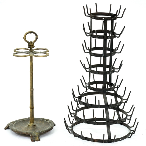 1210 - A French cast iron  faux bamboo umbrella stand, mid 20th c, gold painted, 64cm h and a black painted... 