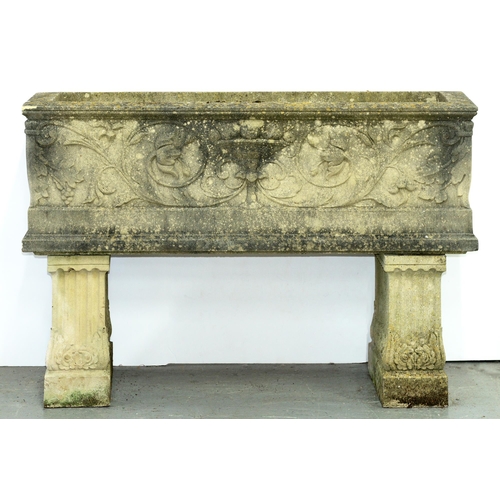 1228 - A reconstituted stone garden trough, on fluted pedestal, 80cm h; 38 x 115cm