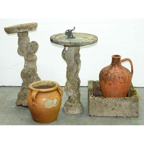 1229 - A reconstituted stone child figural birdbath, 78cm h and other garden ornaments, etc... 