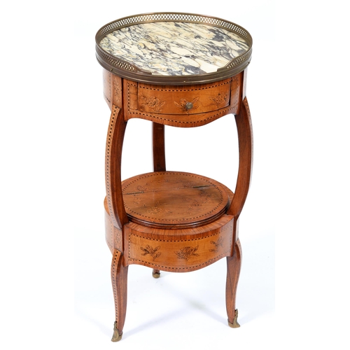 1251 - A French kingwood, walnut, marquetry and penwork table ambulant, late 19th c, the round marble top w... 