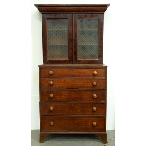 1252 - A George III oak secretaire chest and associated Victorian mahogany bookcase, with etched glass door... 