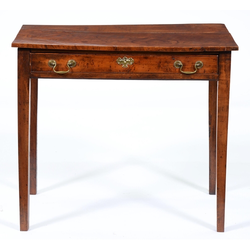 1257 - A George III fruitwood side table, the oversailing two piece top above scratch moulded drawer on squ... 