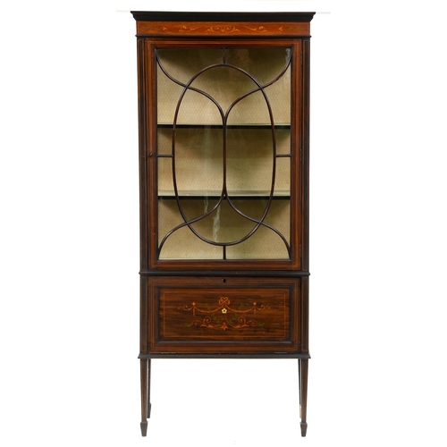 1267 - An Edwardian mahogany and inlaid china cabinet, with oval glazing bars, 167cm h; 34 x 71cm... 