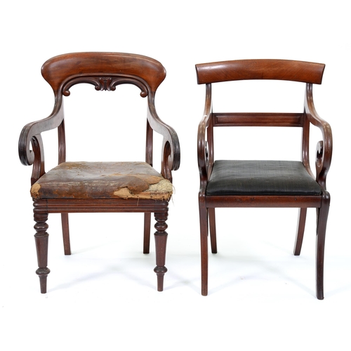 1276 - Two Victorian mahogany elbow chairs, on sabre or turned legs, seat height 46cm