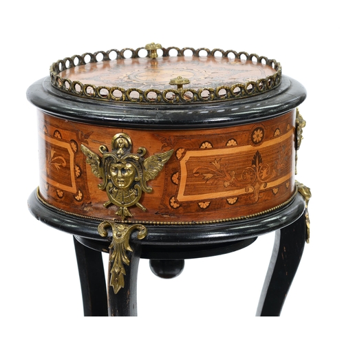 1278 - A French kingwood, marquetry and ebonised jardiniere, late 19th c,  with giltmetal mounts, the ... 