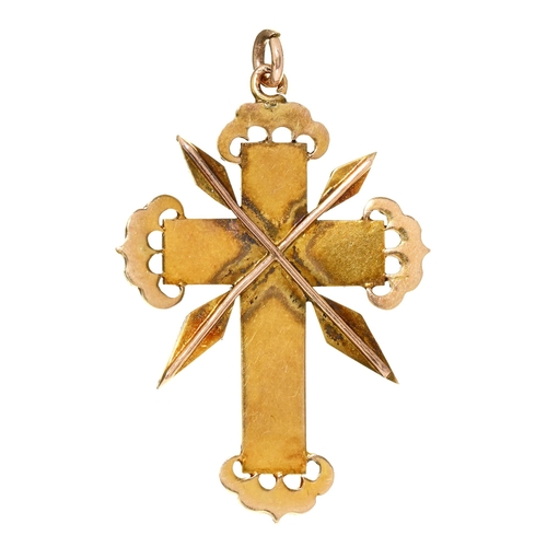 134 - A diamond and split pearl and gold and blue enamel cross, late 19th c, in gold, 36mm h, 4.3g... 