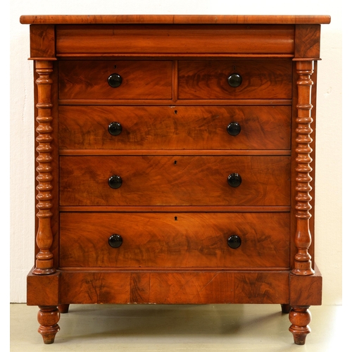 1353 - A Victorian mahogany chest of drawers,  with spiral pillars and black glazed earthenware knobs, 139c... 