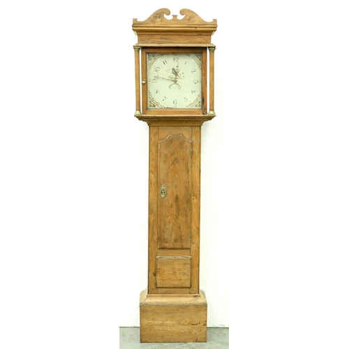 1366 - An English pine thirty hour longcase clock, early 19th c, the dial pierced with date sector and pain... 