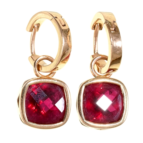 148 - A pair of cushion shaped red tourmaline earrings, in 18ct gold, 27mm h, London 2016, 8.7g... 