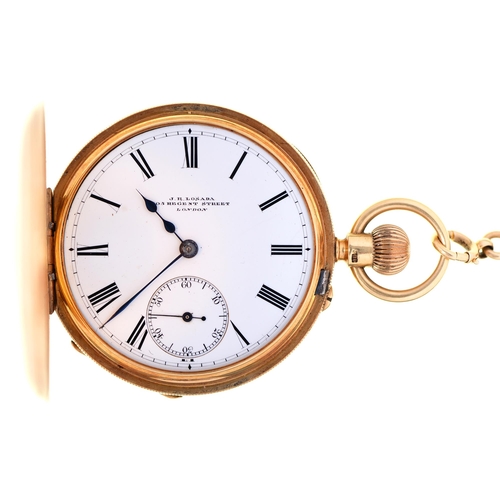 An English 18ct gold half hunting cased keyless lever watch, J R Losada ...