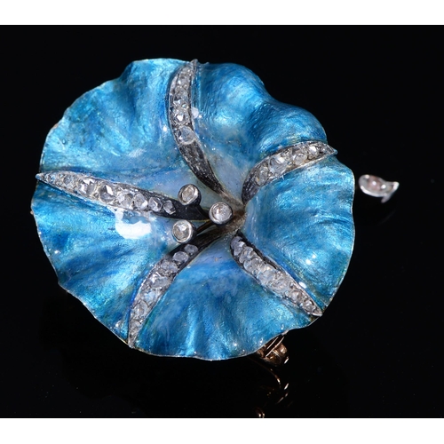 300 - Henri Vever. An Art Nouveau diamond and gold and translucent blue enamel flower brooch, c1900, 35mm,... 