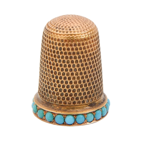 402 - A turquoise set gold thimble, c1900,  20mm h,  inscribed 15ct, in the original fitted silk lined box... 