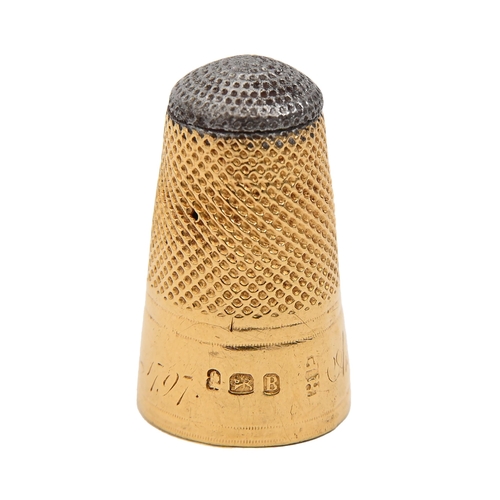 408 - A  George III 18ct gold thimble, with (detached) steel top, inscribed ANNA MARIA YOUNG and dated 179... 