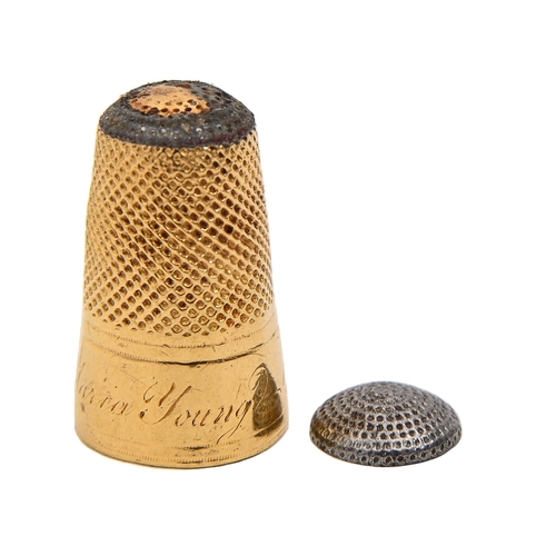 408 - A  George III 18ct gold thimble, with (detached) steel top, inscribed ANNA MARIA YOUNG and dated 179... 